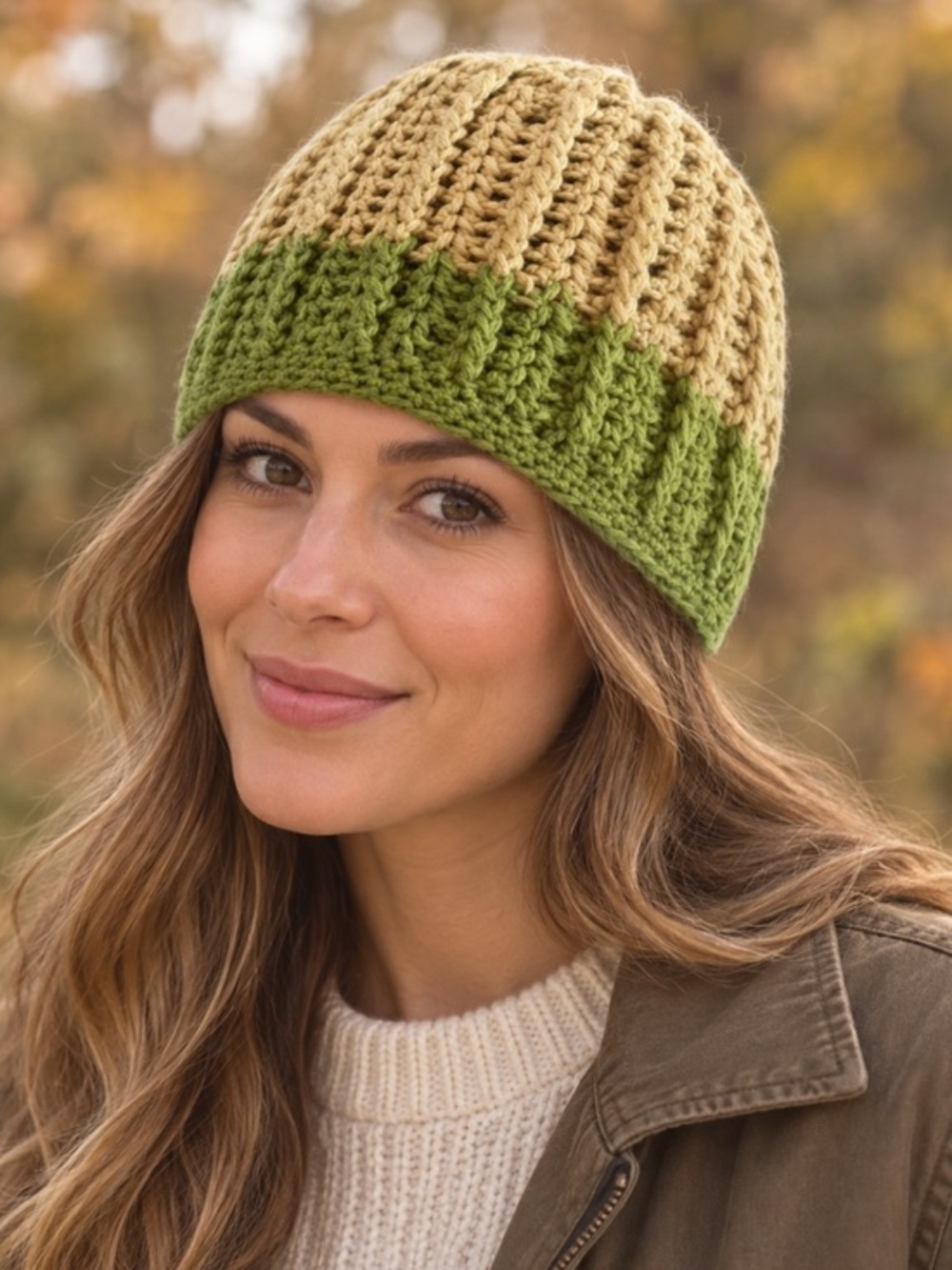 Green ombré Handmade Olive Green Tan Ribbed Hand Knit Beanie One Size